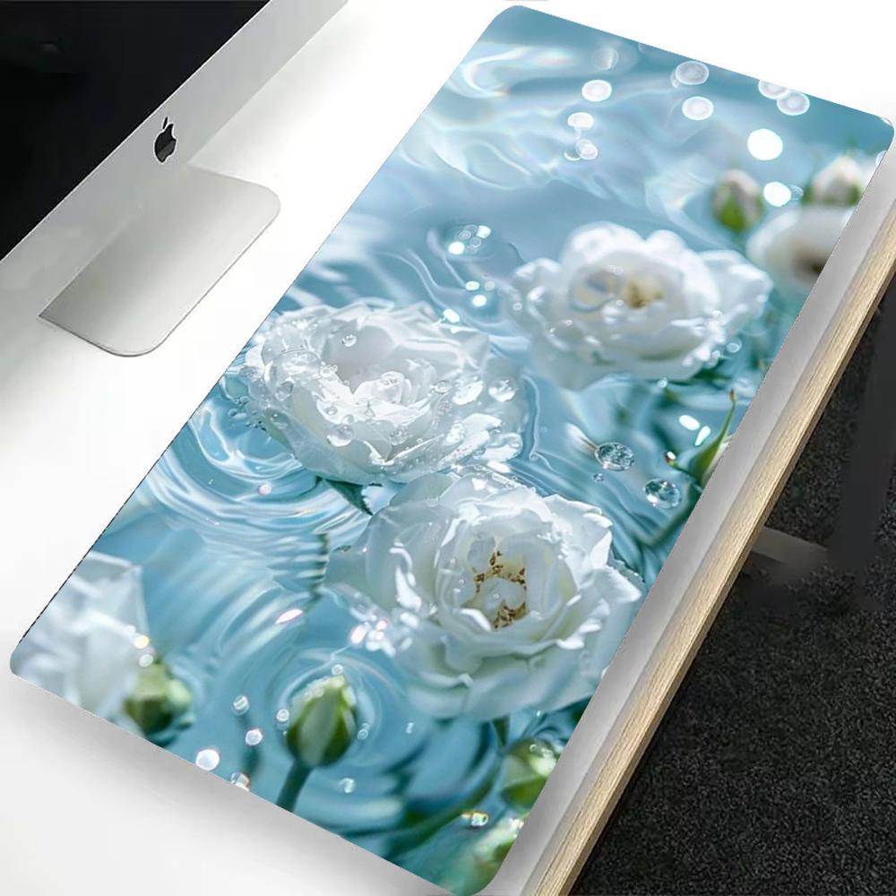 Water and Flower Mouse Pad XXL Desk Mat In Blue Pink Green White Stylish Design for Computers Offices and Gaming Keyboards