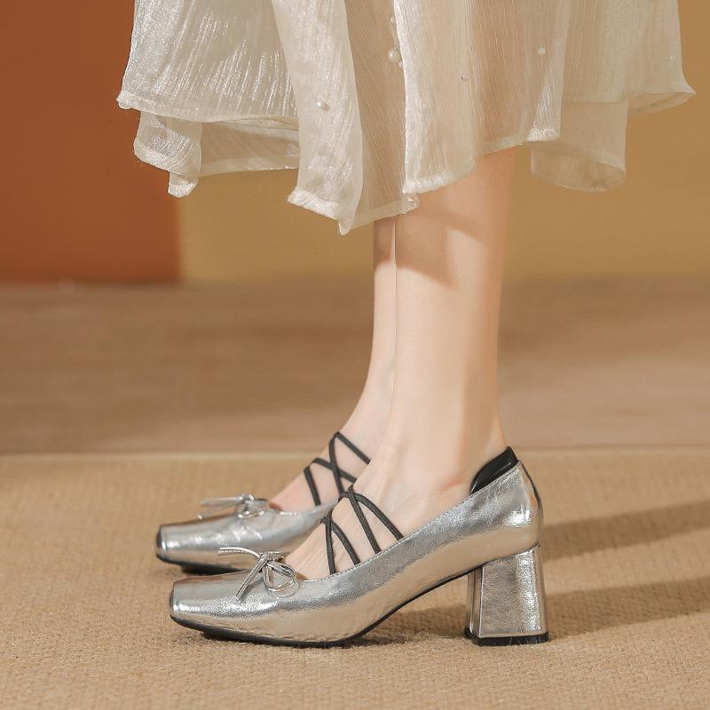 Vintage Leather Square Heel Mary Jane Shoes High Heel Fairy Ballet Shoes Cross Strap Silver Single Shoes