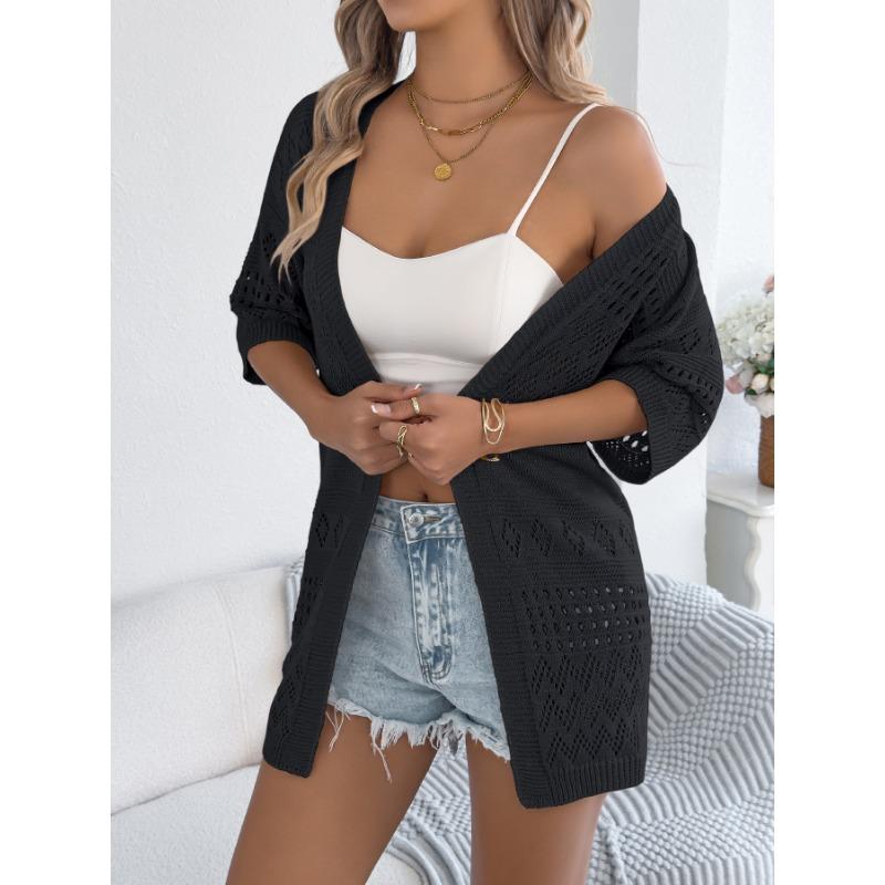 Women Solid Hollow Out Five Quarter Sleeve Knit Open Cardigan Casual Vacation Thin Outerwear