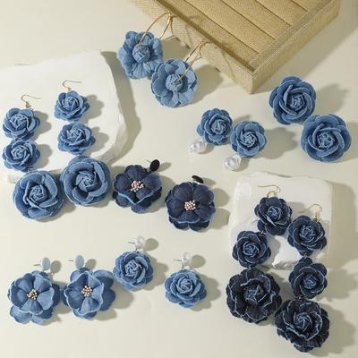 Denim bloem lange oorbellen met franjes high-end niche design stof oorbellen oorbellen vrouwen
