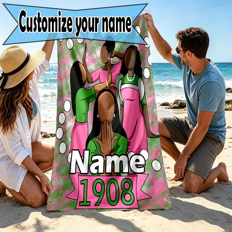 Custom Name Personalized Alpha Kappa Alpha Print Beach Towel, for Trip Camping Beach Party Home Decor, Birthday Gift for Family & Friends