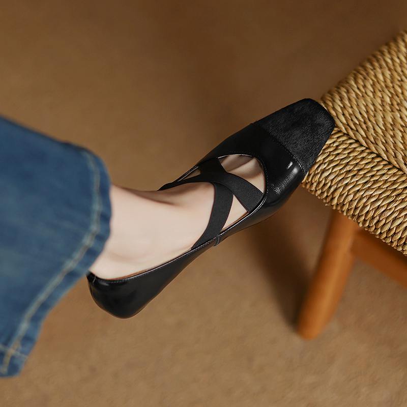 Krazing Pot Cow Skin Spring Summer Size 41 Horsehair Thick Low Heels Women Square Toe Basic Clothing Shallow Pumps