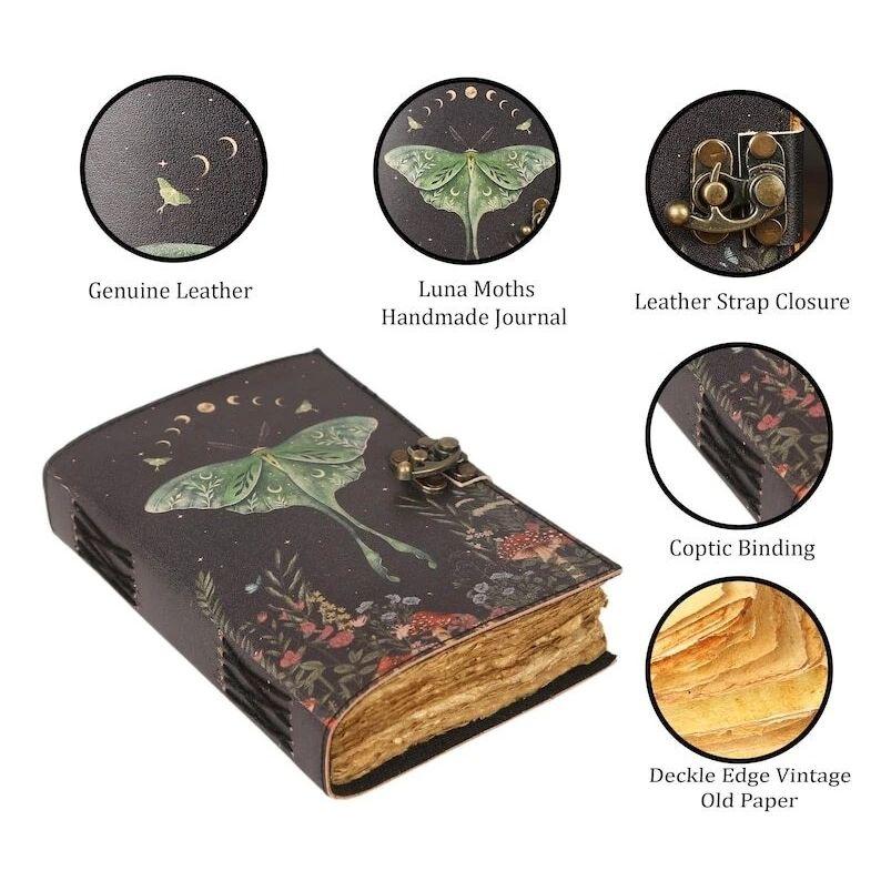 Luna Moth Leather Journal Handmade Vintage Notebook with Lock Witchy Women Gift