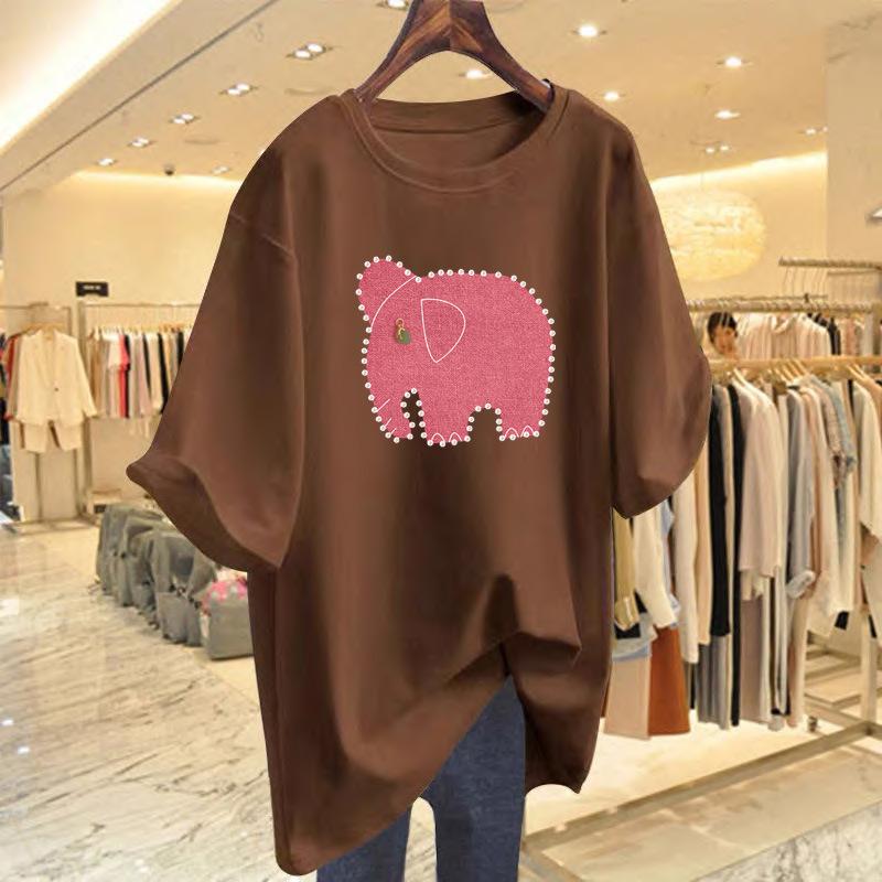 

Pink cotton T-shirt women s 2025 summer new medium and long loose elephant print short-sleeved t-shirt top XXXL