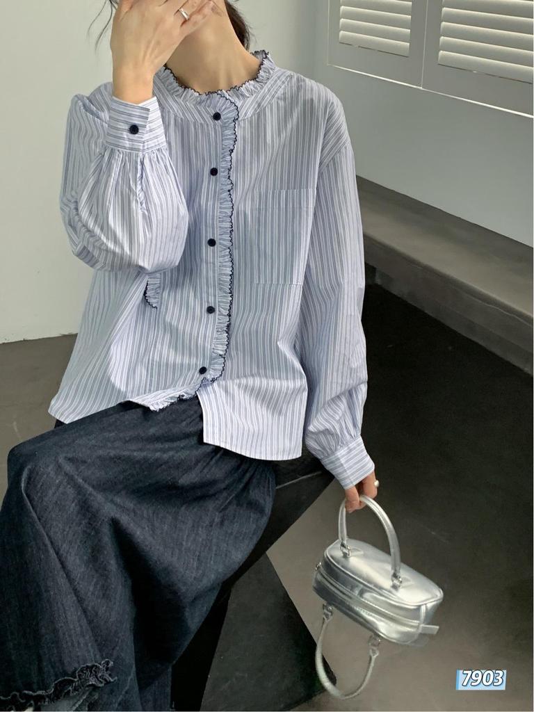 Elegant Korean-Style Ruffled Stripe Long-Sleeve Shirt for Versatile, Gentle Commuter Wear