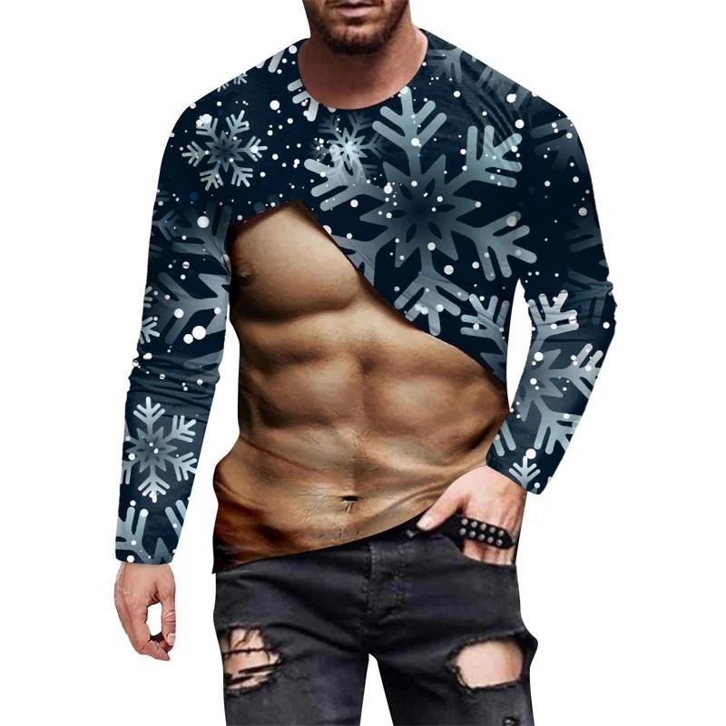 

Christmas Muscle Pattern Fun T-Shirts Fashion 3d Printed Round Neck Long Sleeve Street Personality Breathable Men s T-shirts S