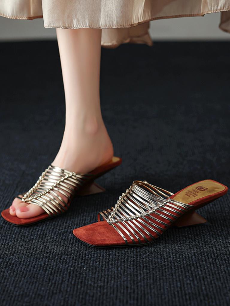 6Cm~ Special-shaped Heel French Retro Temperament Thin Band Wedge Heel High Heels Not Tired Feet Beautiful Roman Cool Slippers Women's Summer
