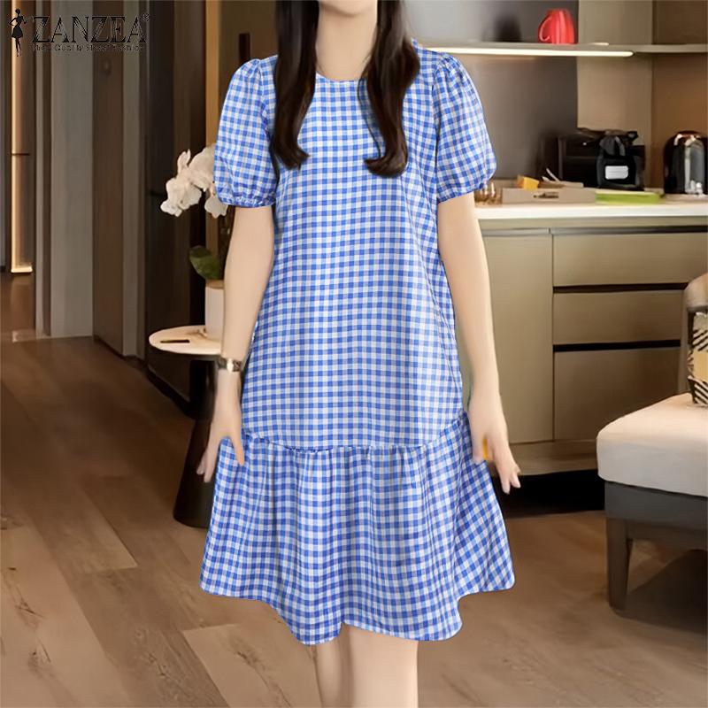 ZANZEA Women Casual Round Neck Short Sleeve Grid Print Dress