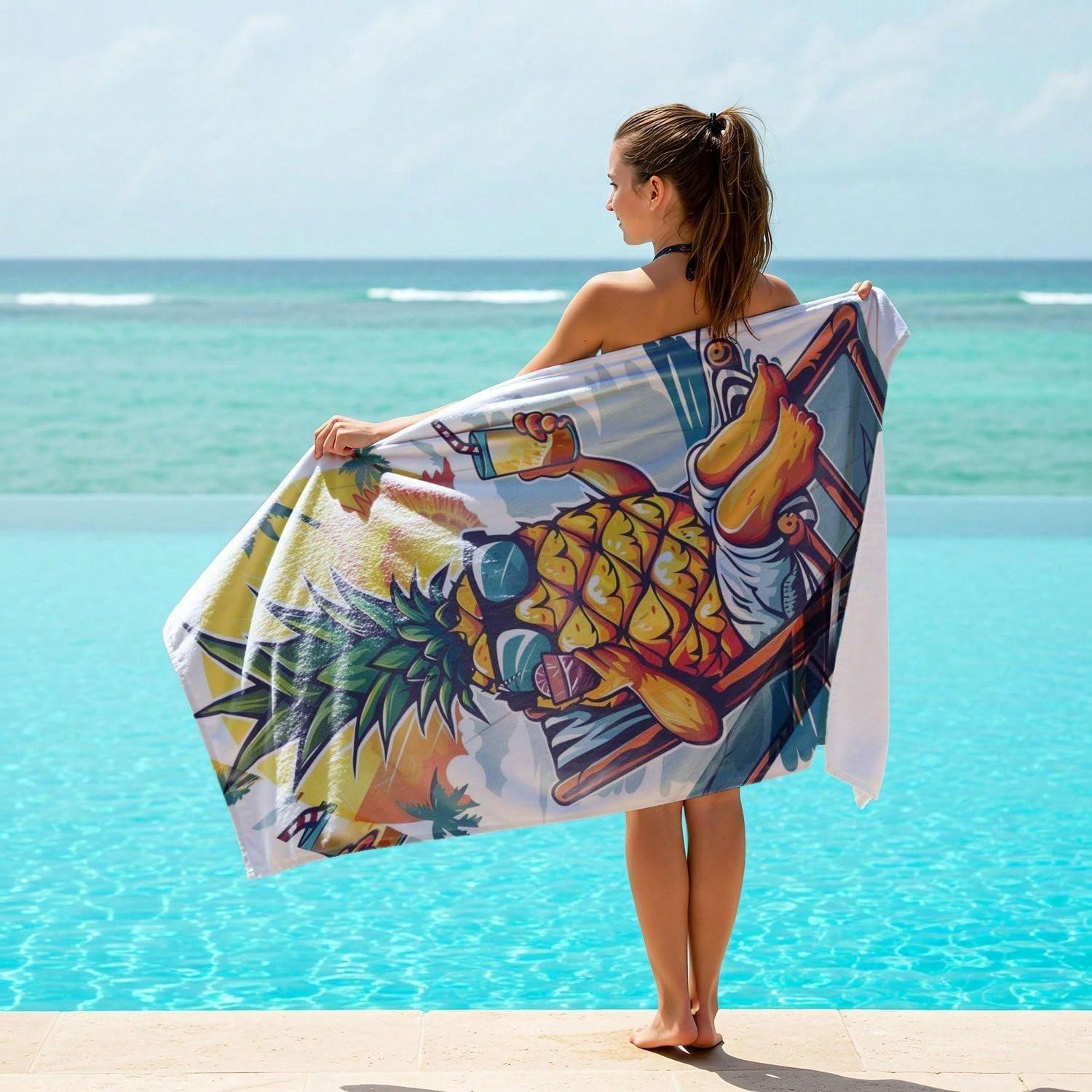 Ka Chen Muxi White Funny Pineapple 2D Printed Beach Towel Oversized Microfiber Quick Dry Sand Free For Swimming Camping Yoga Gym