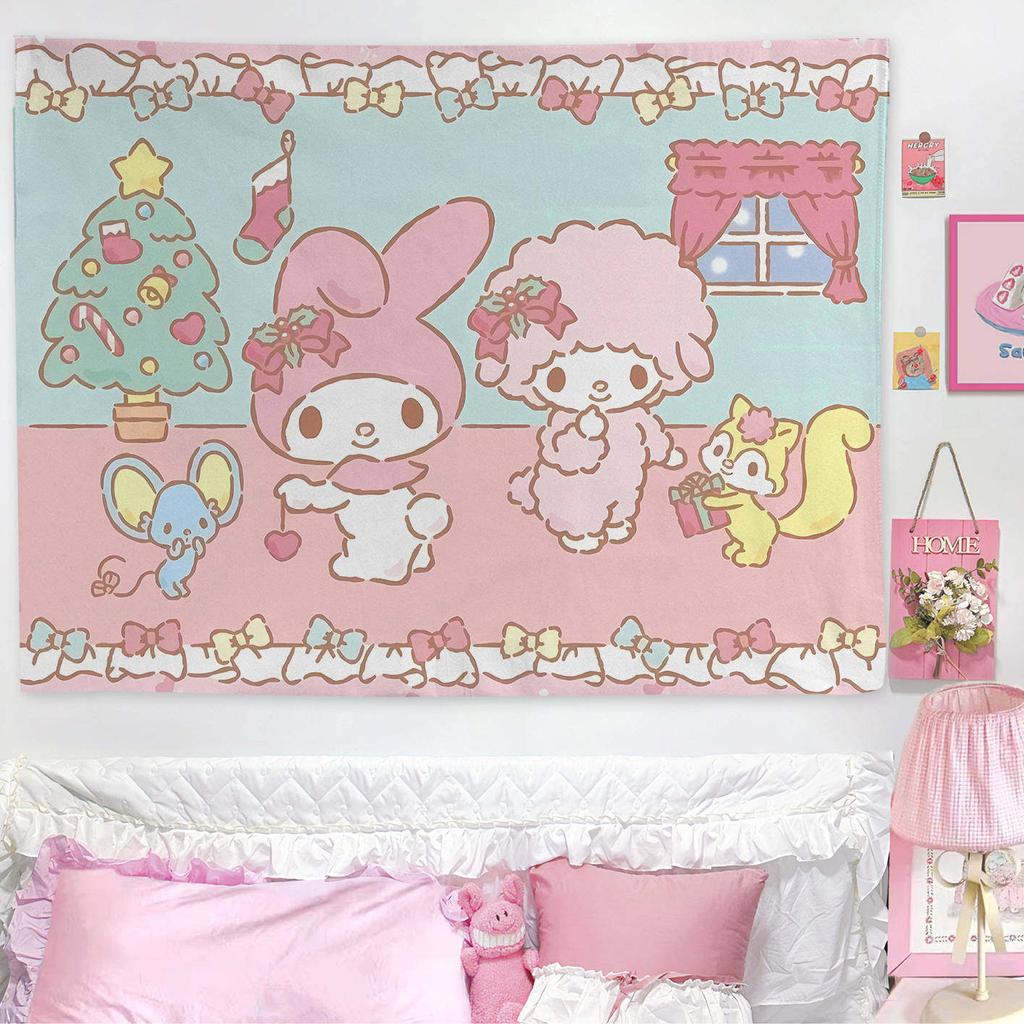 My Melody Sweet Bedroom Tapestry Cute Pastel Cartoon Wall Hanging Soft Polyester Print for Girls Bedroom Dorm Decor Kawaii