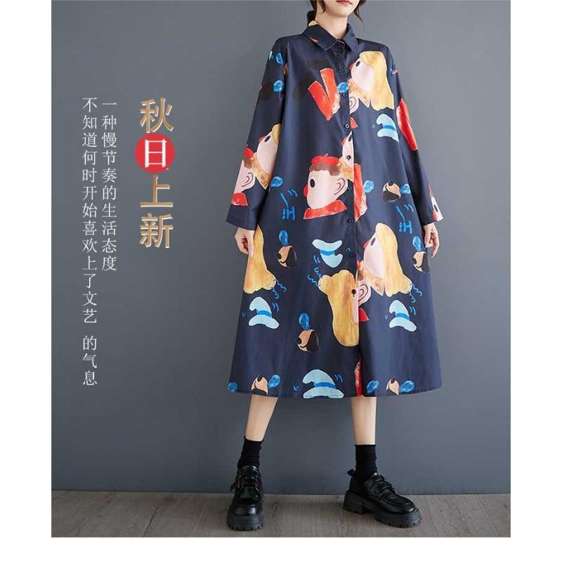 New Loose Large Size Oceanic Printing Mid-length Literary Retro Dresses