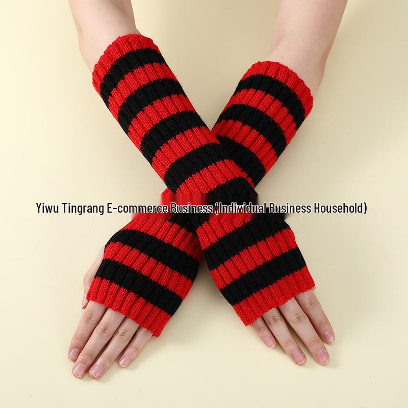 

Striped Color-Block Fingerless Long Knitted Arm Warmers for Women One Size чорний/червоний