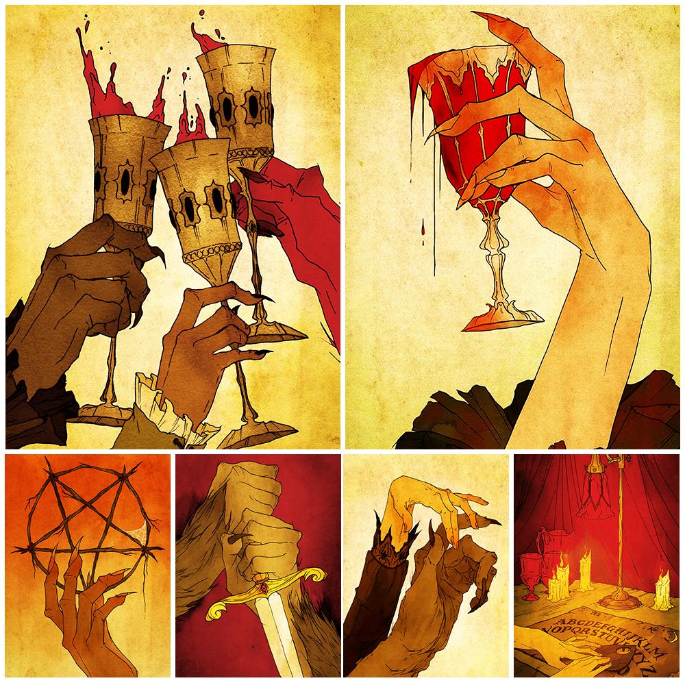 

Вампиры, ведьмы и дьяволы, бокалы для вина, настенное искусство, холст, печатные свечи дьявола и плакаты с мечом оборотня