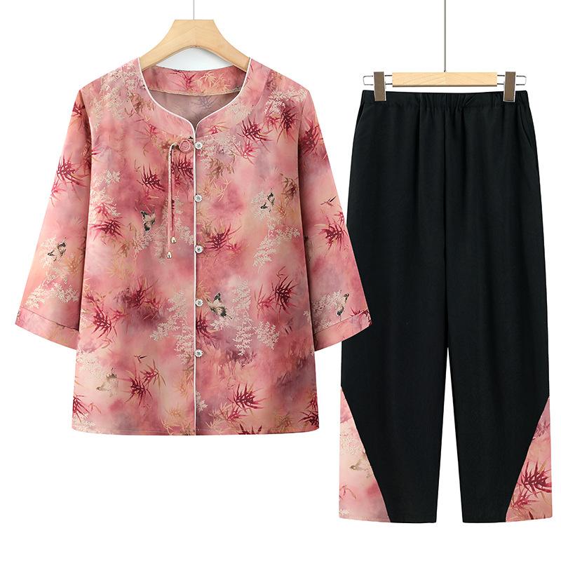 Summer Clothing for The Elderly Short-sleeved Fashionable Ladies' Traditional Chinese Style Suit Two-piece Suit