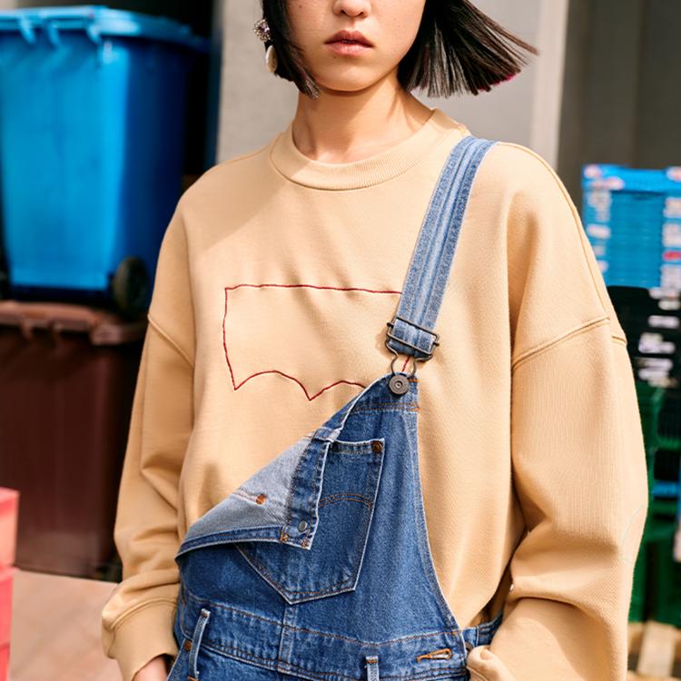 Levis Red™ Pioneer Series Round Neck Pullover Embroidered Sweatshirt Women Sweatshirt Khaki A2674-0000