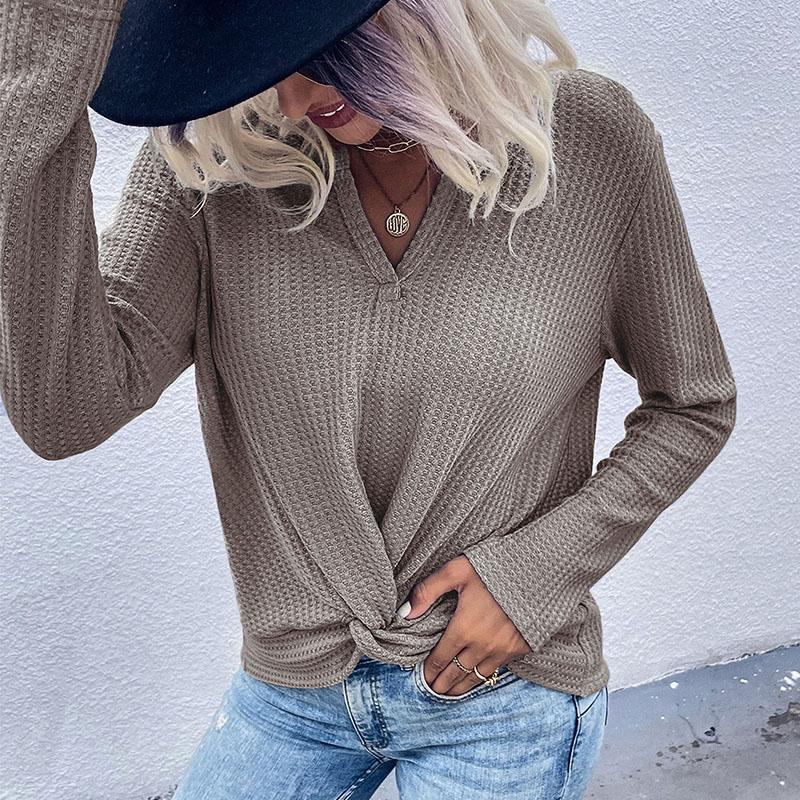 YYFS Women's Fashion Casual Solid Color Print Summer Spring Long Sleeve V-Neck Pullovers & Long Sleeves