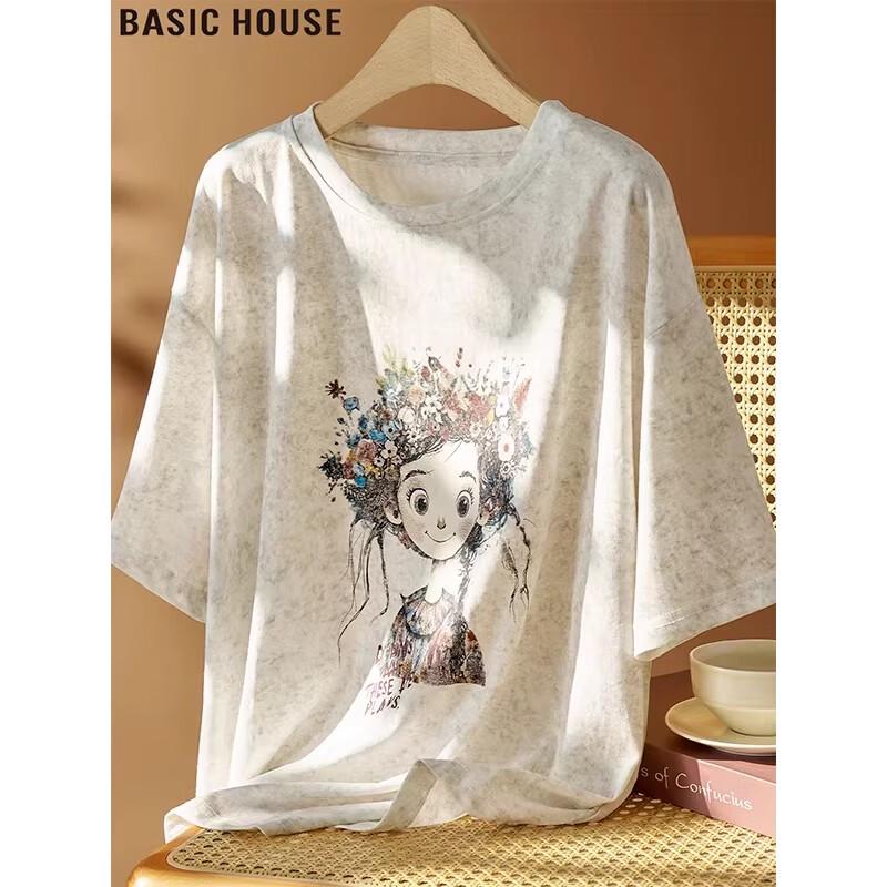 Basic House Fashion Printed Short Sleeve T-Shirt for Women One Size