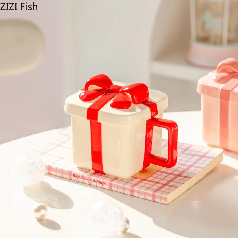 Creative Gift Box Shape Mug Ceramic Water Cup Couple Afternoon Tea Coffee Cup Set Nordic Home Breakfast Milk Cup Girlfriend Gift