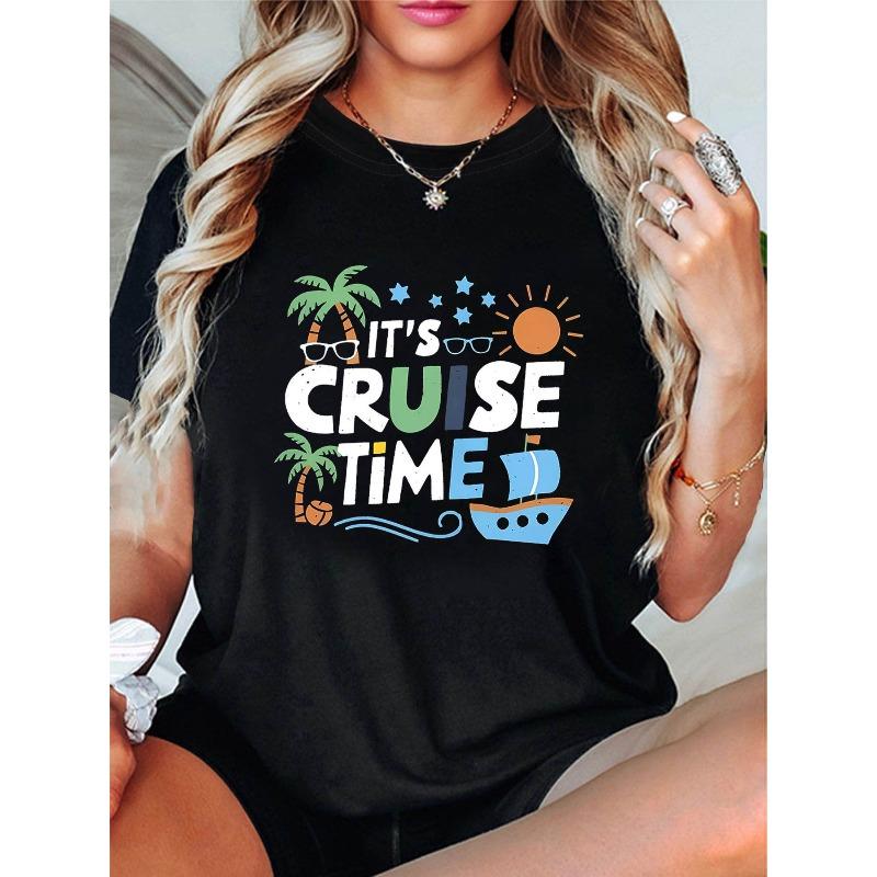 

Plus Size, IT s CRUISE TIME Graphic Print Plus Size Women s T-shirt, Short Sleeve Crew Neck Casual Top for Summer & Spring, Women s Clothing S чёрный