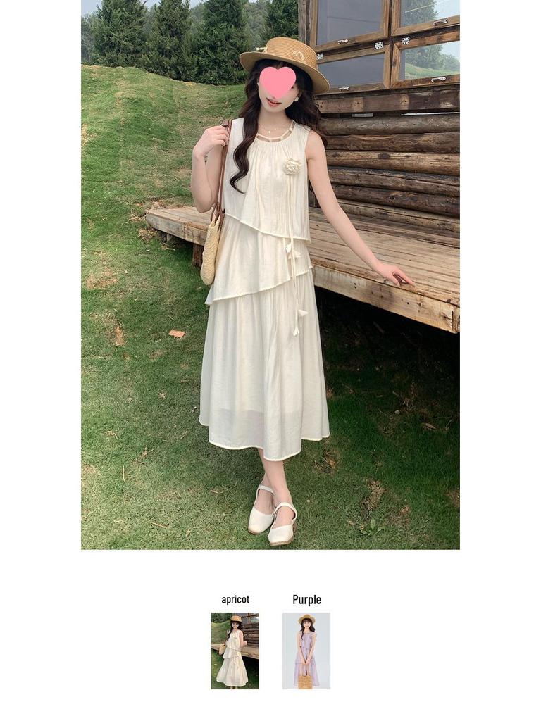 Women's 2025 Summer French Sleeveless Vest Cake Dress - Petite Holiday A-line Skirt, Loose Fit