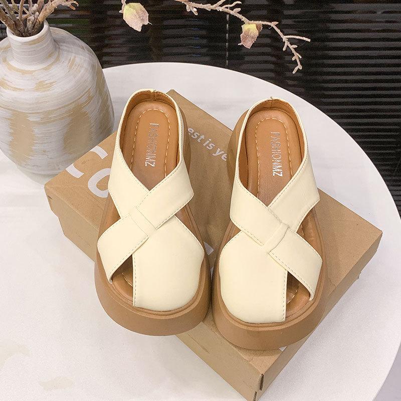 

Сланцы женские летние 2025 новые с толстой подошвой, с закрытым носком, ленивые, на одной педали, прохладные, женские летние универсальные сланцы 40 бежевый