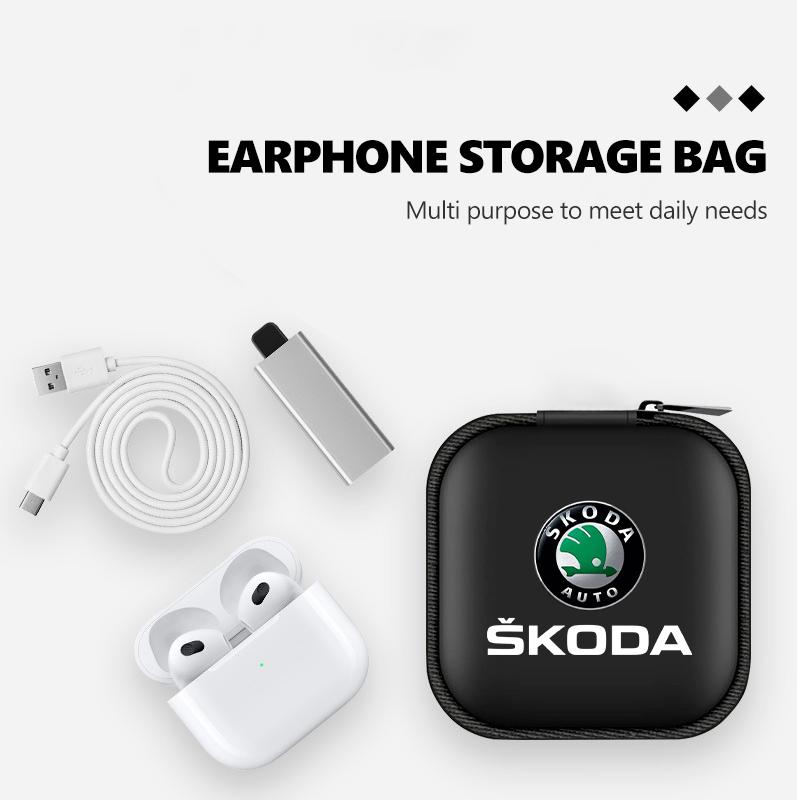 AAABR1 For Skoda Portable Mini Car Earphone Data Cable Charger Storage Bag Accessories Kodiaq Fabia Kamiq Karoq Octavia 2 3 Rapid Scala
