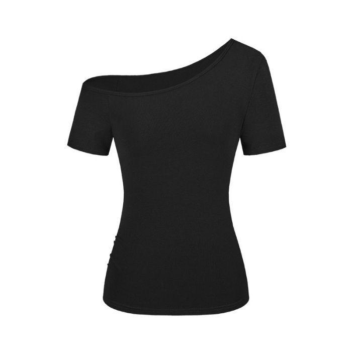 Spring 2025 Off-Shoulder Slim Fit Women's T-Shirt - Solid Color, Short-Sleeve Pullover