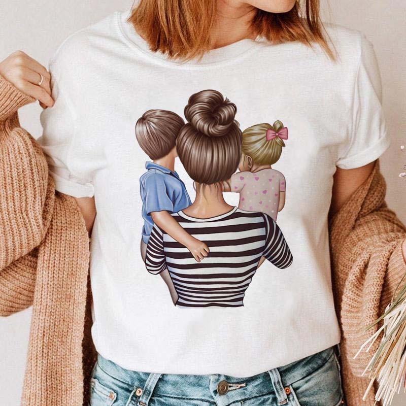 Maycaur Women Cartoon Mom Mother Boy Girl Print Mother Lady T-shirts Casual Top T Shirt Ladies Womens Graphic Female Tee T-Shirt