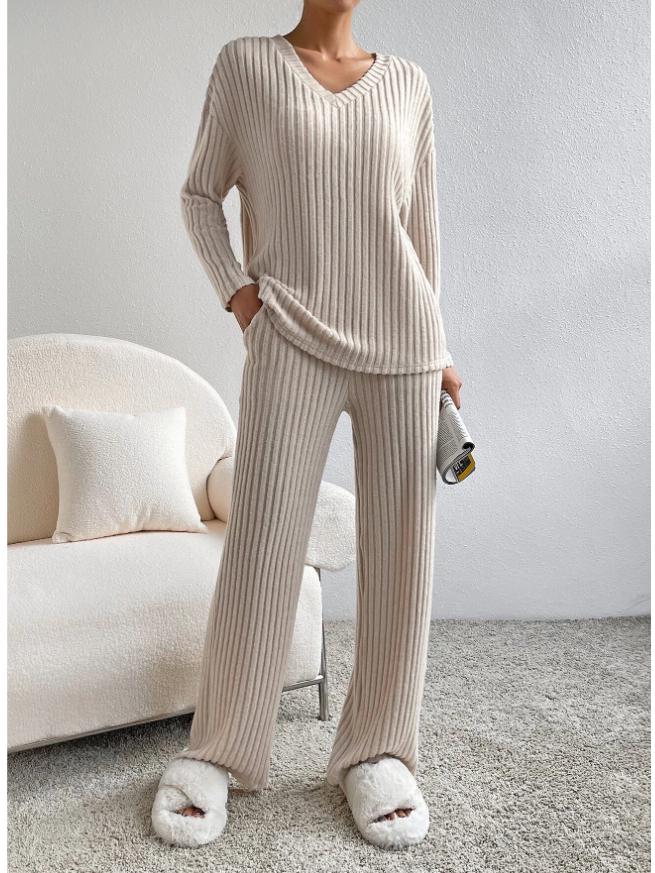 Women's 2024 Autumn V-Neck Rib-Knit Set with Casual Straight-Leg Pants In Macaron Colors