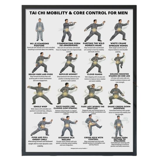 Plakát Tai Chi na židli Bez rámu Plakát s Tai Chi sestavou Jasné vizuální pokyny Tabulka cvičení vsedě pro seniory Začátečníky Jemné židle