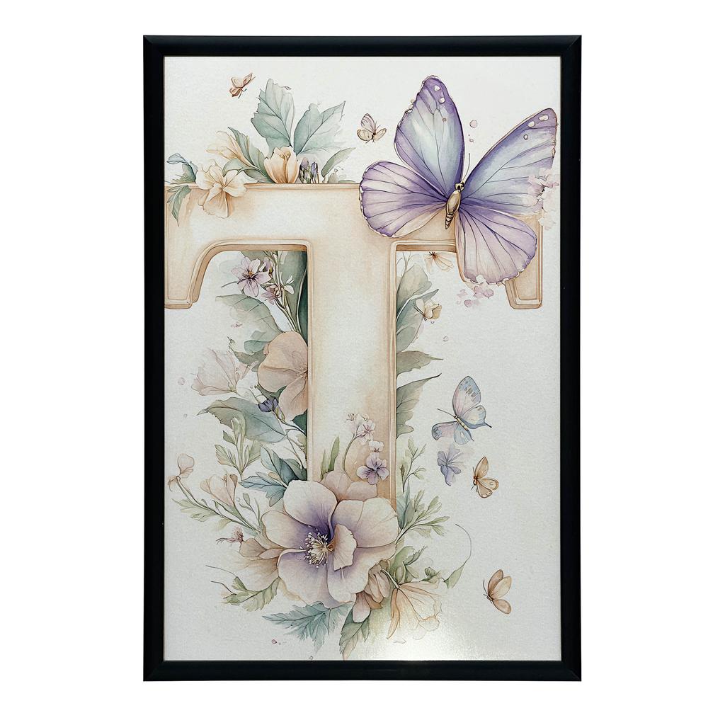 Plakat Litera "T" W Kwiatach I Motylach Plakat Litera "T" W Kwiatach I Motylach, 70X100 Cm, Rama Drewniana Jasny Dąb, Papier Matowy 230 Gsm