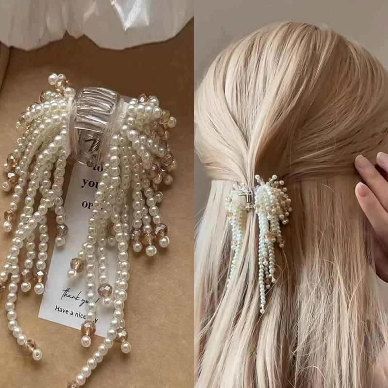 2024 Pearl Tassel Shark Clip: Elegant Women s Half-Updo Accessory ZJ6791