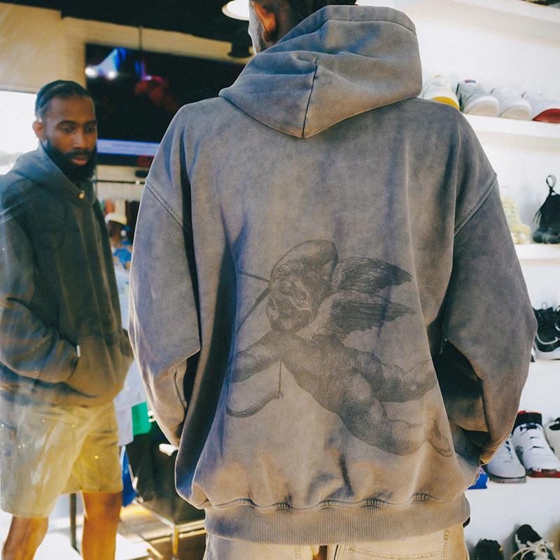 Felpa con cappuccio EastRogue con stampa angelo Cupido, stile high street lavato e distressed, vestibilità ampia, per uomo e donna, in puro cotone