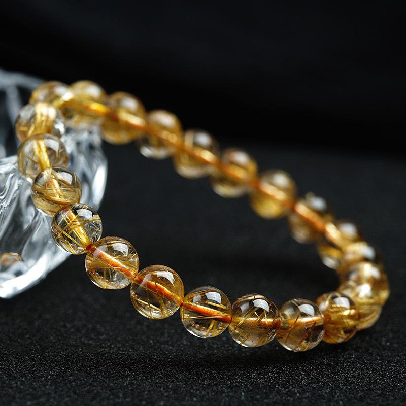 Natural Brazilian Rutilated Quartz & Citrine Wealth Bracelet - Golden Crystal Thread Design 8mm