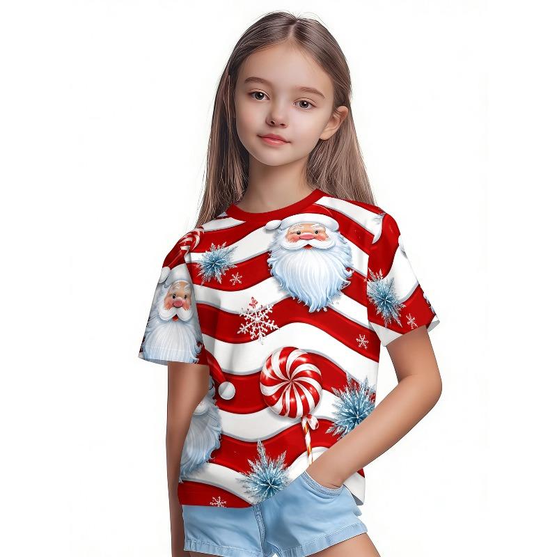 T-Shirt Girls 3D Printed Christmas Featuring Santa Claus Short Sleeve O Neck Casual Christmas Clothes Girls Top