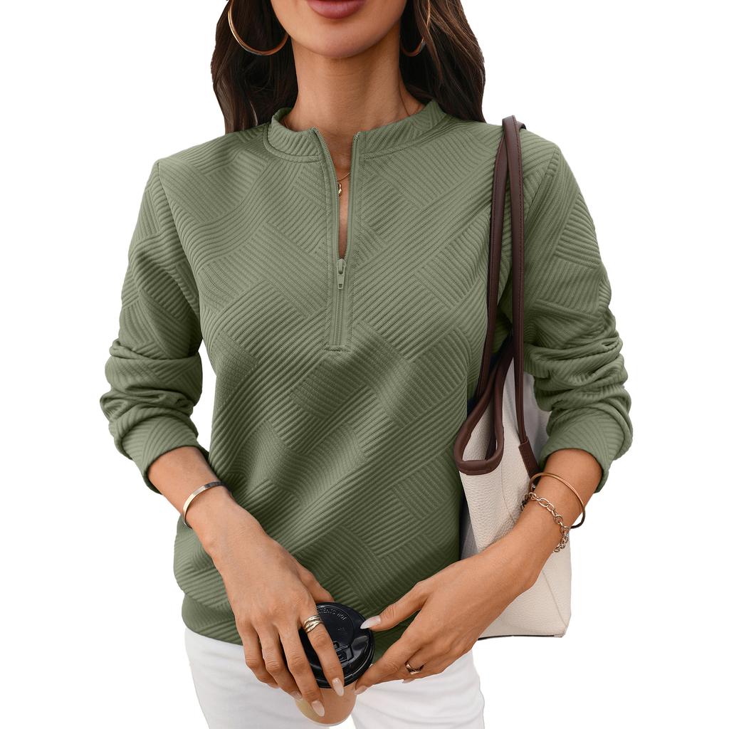 Women's Quarter Zip Sweatshirt Long Sleeve Textured Loose Pullover Solid Color Casual Top Autumn Winter