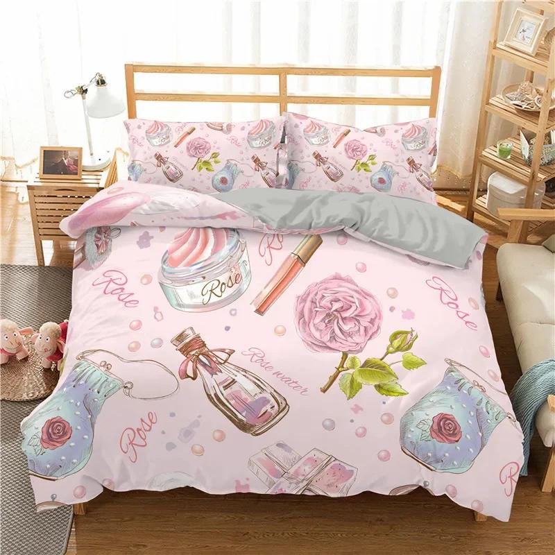 Fashion Bedding Set Makeup Cosmetic Theme Duvet Cover Polyester Perfume Lipstick Nail Polish Brush Print Quilt Cover King Size