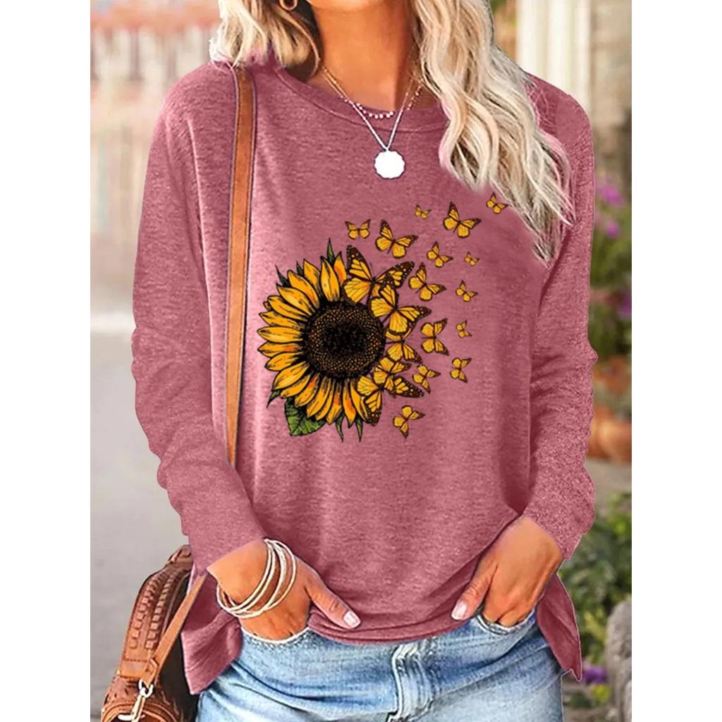Round Neck 3D Printed Sunflower Pattern Top Fashionable Casual Long Sleeved Women's T-shirts