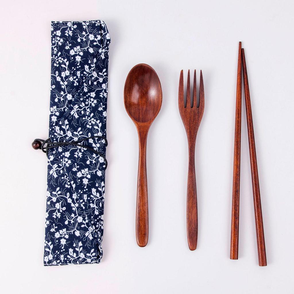 Japanese Wooden Portable Tableware Set: Long-Handled Spoon, Fork, and Chopsticks - Korean Style Three-Piece Set for Outdoor Use.