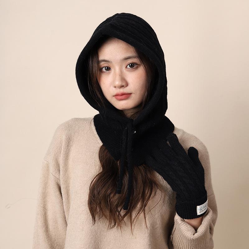 Vintage Red Balaclava Hat Women's Winter Warm Gloves Scarf Integrated Couple Ear Protectors Wool Knitted Hat