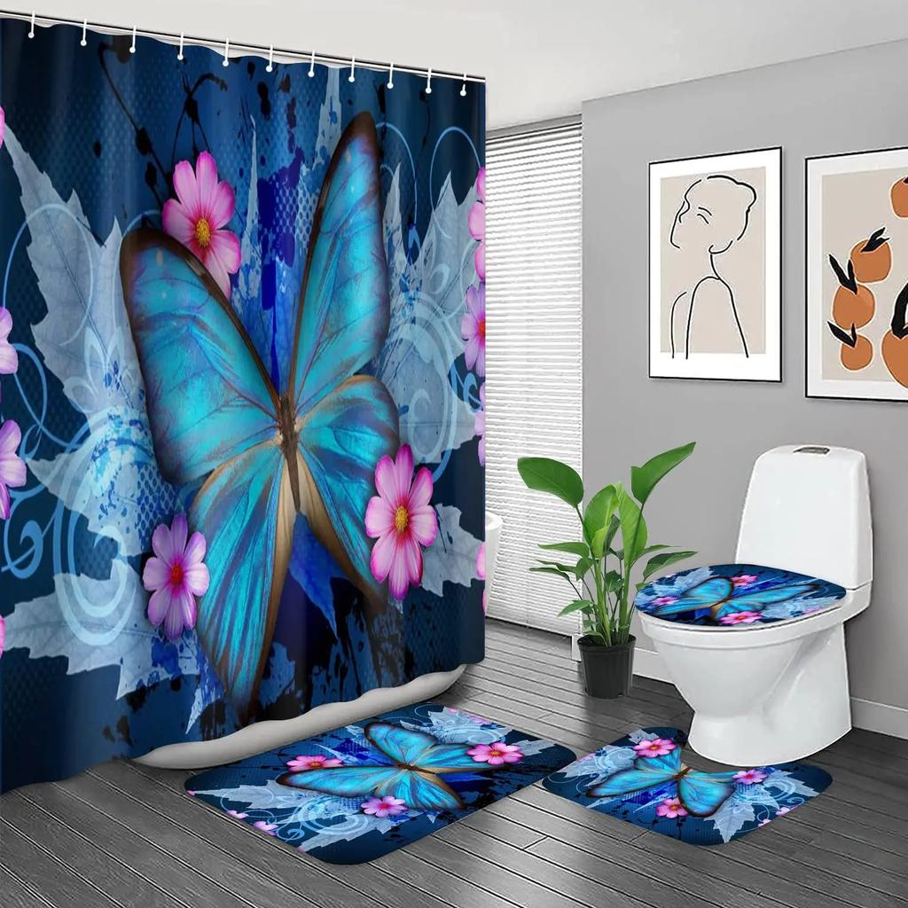 Big Butterfly Beautiful Polyester Shower Curtain Set Bathroom Set Waterproof Curtains Bath Mat Set Toilet Lid Cover 4 Pcs Decor