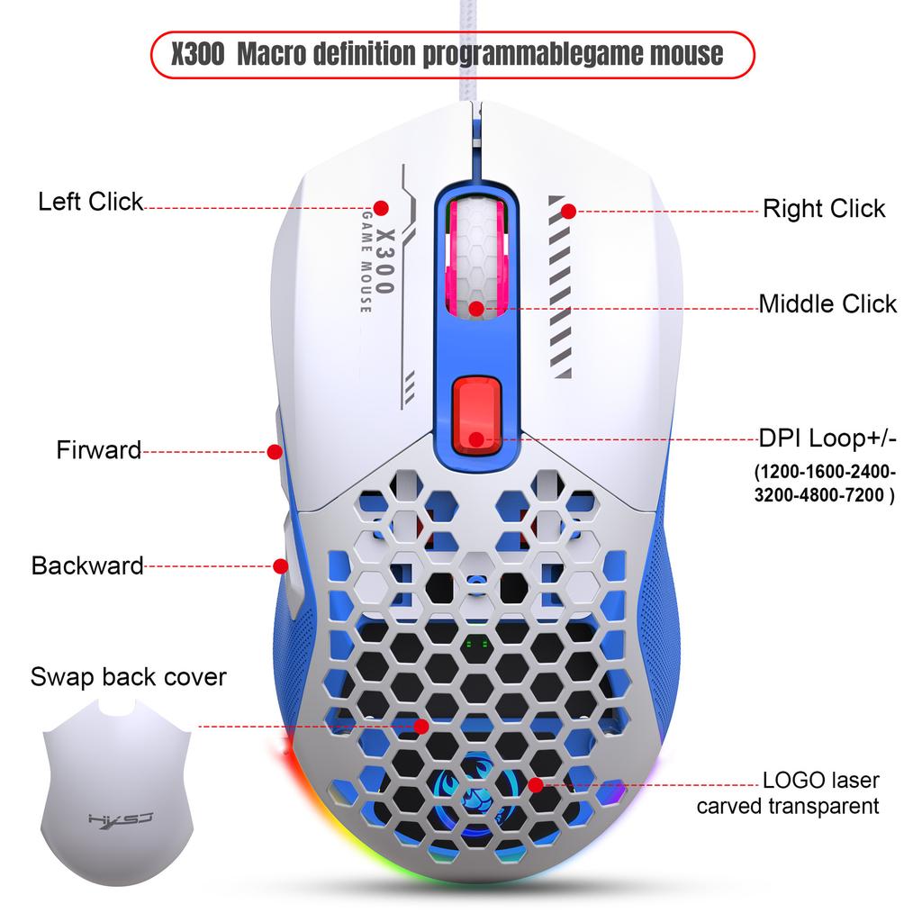 New X300 Hollowed Out Wired Esports MOUSE RGB Luminous Lightweight Gaming Mouse
