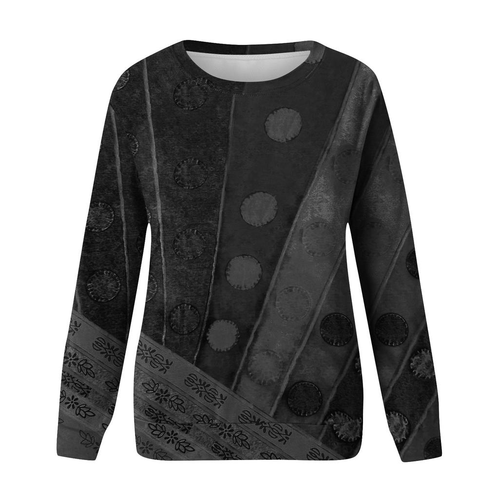 Women's Round Neck Tops Cotton Women's Casual Fashion Nationality Print Long Sleeve O-Neck Pullover Top Blouse