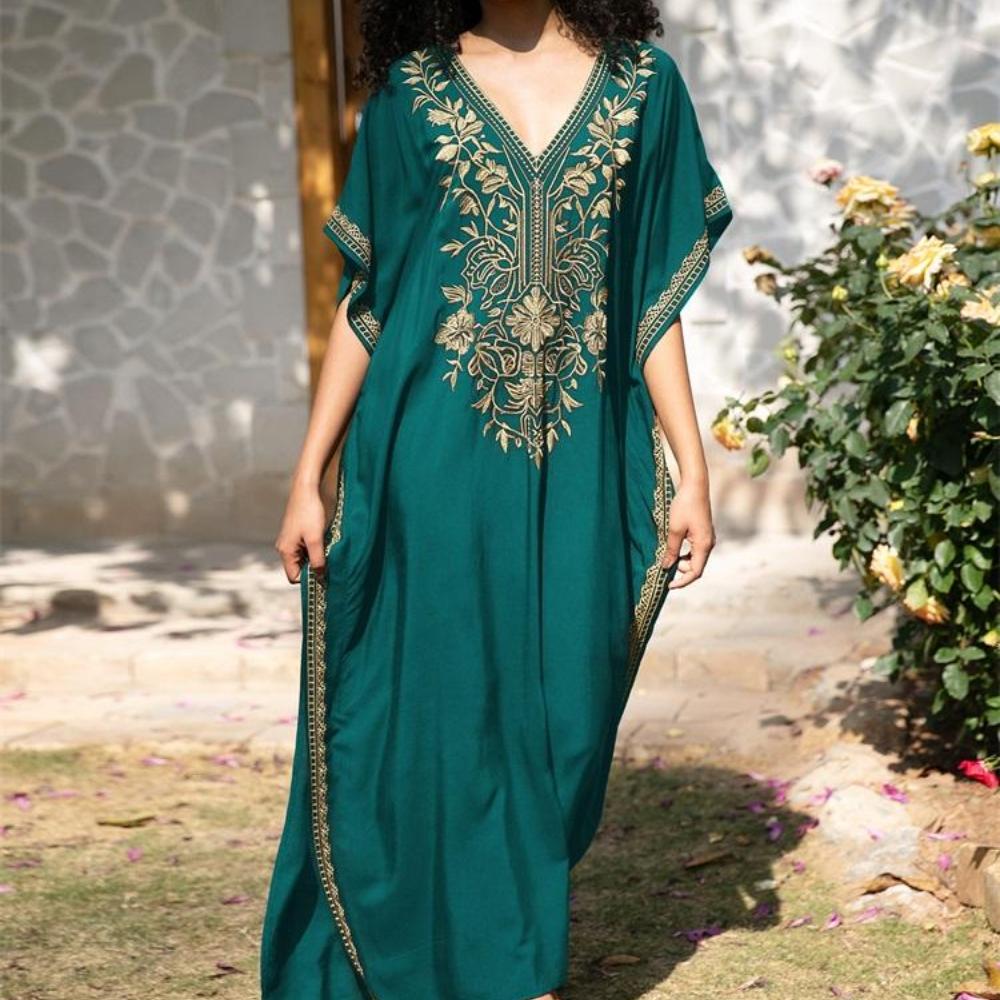 

Сексуальное платье с V-образным вырезом и рукавами «летучая мышь», расшитое золотой вышивкой, для женщин, летнее, свободного кроя, для отпуска, пляжной вечеринки, накидка для купальника EMA One Size зелёный