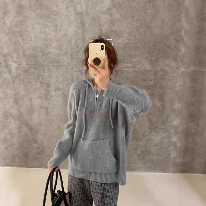 Autumn and Winter New Pullover Sweater Women's Half Zipper Hooded Casual Lazy Wind Outside Knitted Sweater Top