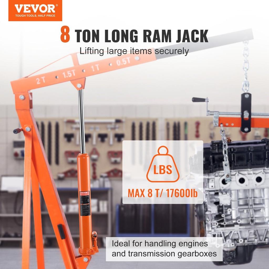 Hydraulic Long Ram Jack, 8 Ton Engine Hoist Cylinder with Single Piston Pump And Clevis Base, Hydraulic Ram Cylinder for Engine Lift Hoists, Hydraulic