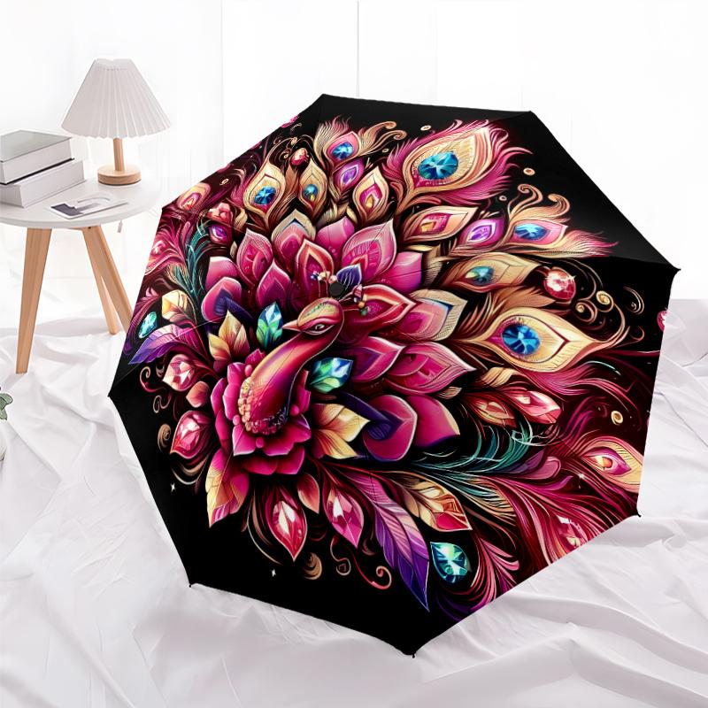 

Windproof Portable Automatic Folding Umbrella with Peacock Feather & Gemstone Embroidery, 8-Rib, Plastic Handle