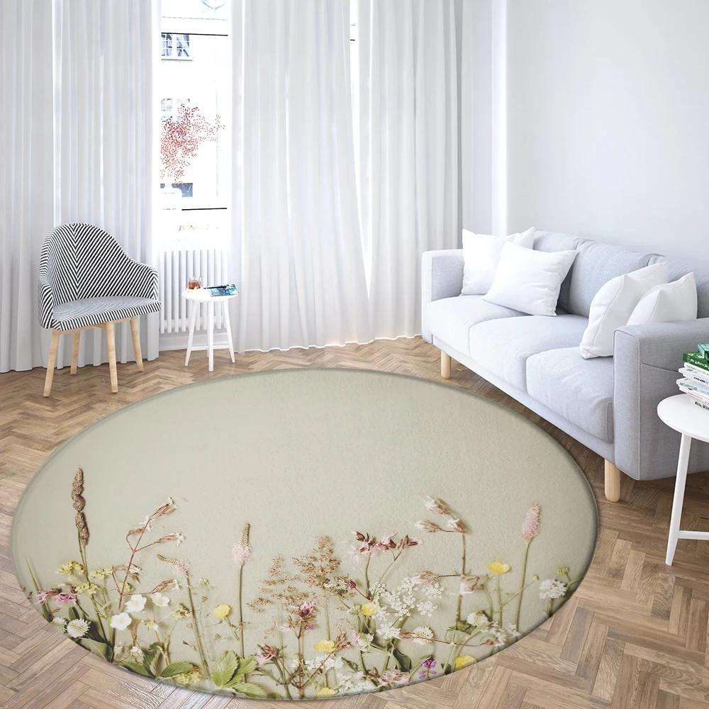 Flower and Bird Illustration Round Rug Pink Peach Blossom Carpet for Living Room Bedroom Floral Chair Rugs Non-slip Floor Mat