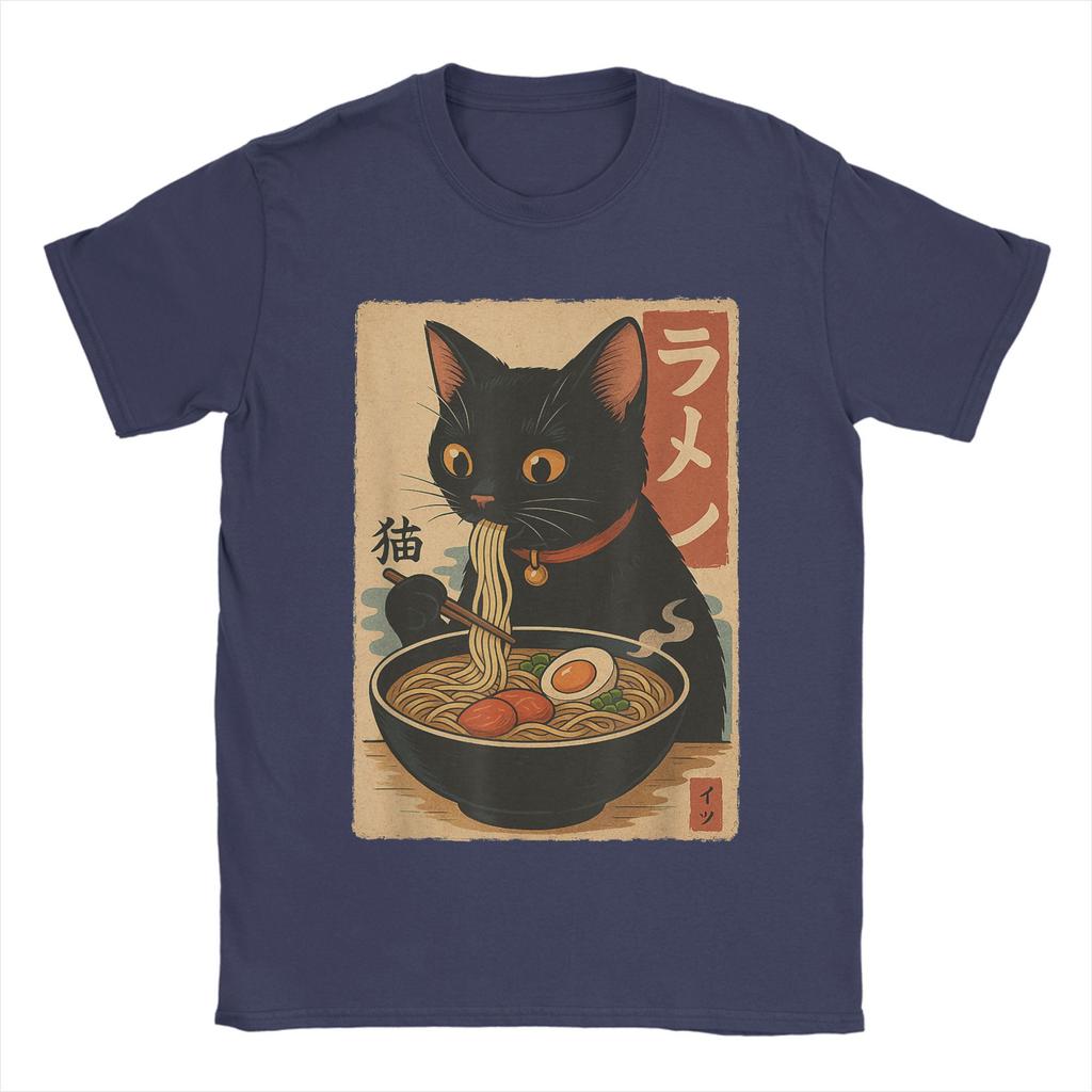 Japanese Black Cat Ramen Men's T Shirt Kawaii Noodle Cat Tee Shirt Short Sleeve Round Collar T-Shirt Pure Cotton Printed Clothes