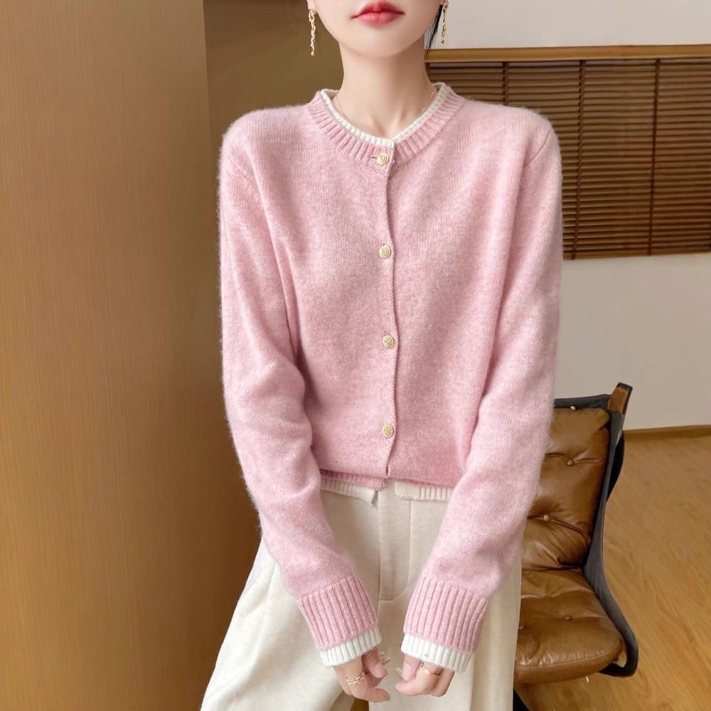 Autumn/Winter Women's Loose Fit 100% Wool Korean Style Color Block Cardigan Sweater